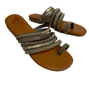 JELLYPOP Shoes NEW Size 5.5 Sandals Slides Flats Neutral Tan Gold Embellished